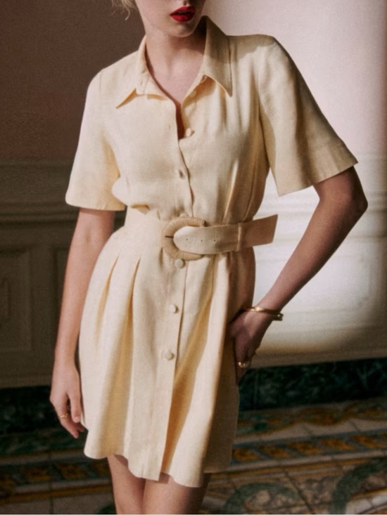 Sezane Dresses & Skirts - SEZANE Buttercream Ecru Linen Button Down Belted Mini Shirt Dress Gemma Dress